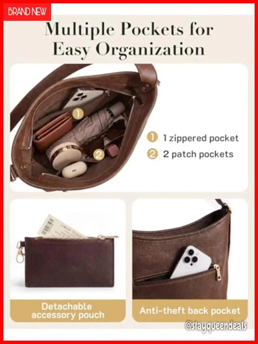 PU Leather Hobo Bag Crossbody Shoulder Tote with Detachable Pouch